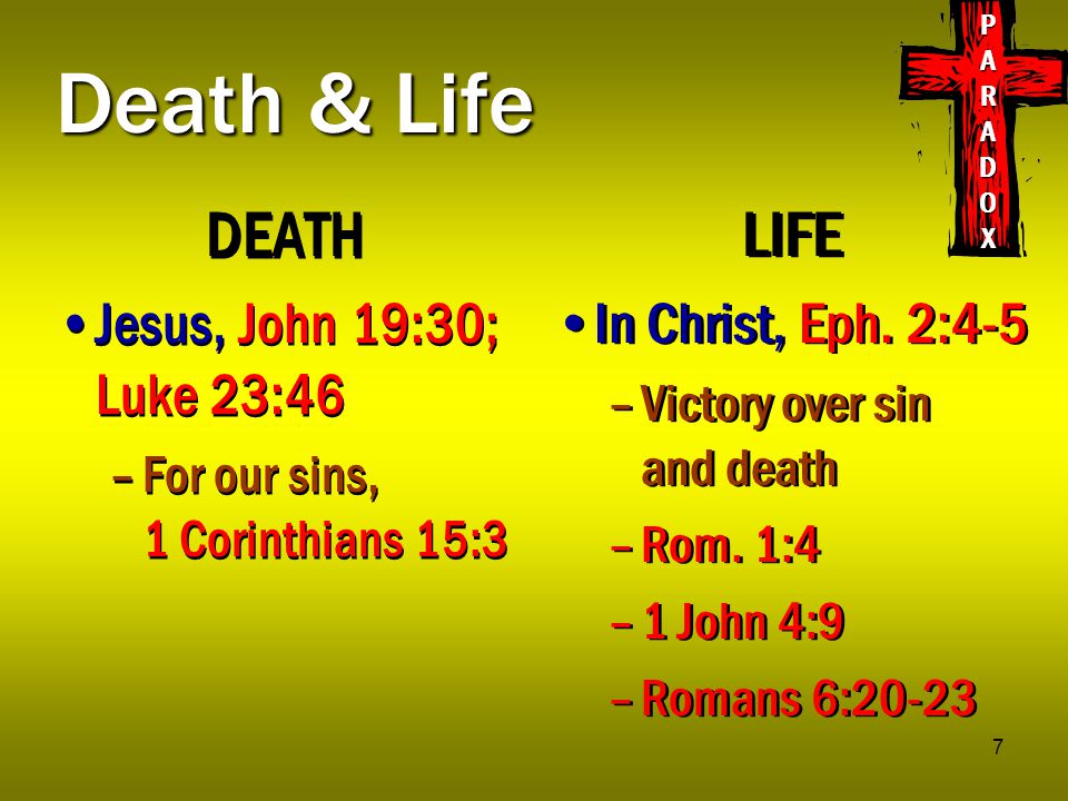 7 Death & Life DEATH Jesus, John 19:30; Luke 23:46 –For our sins, 1 Corinthians 15:3 DEATH Jesus, John 19:30; Luke 23:46 –For our sins, 1 Corinthians 15:3 LIFE In Christ, Eph.