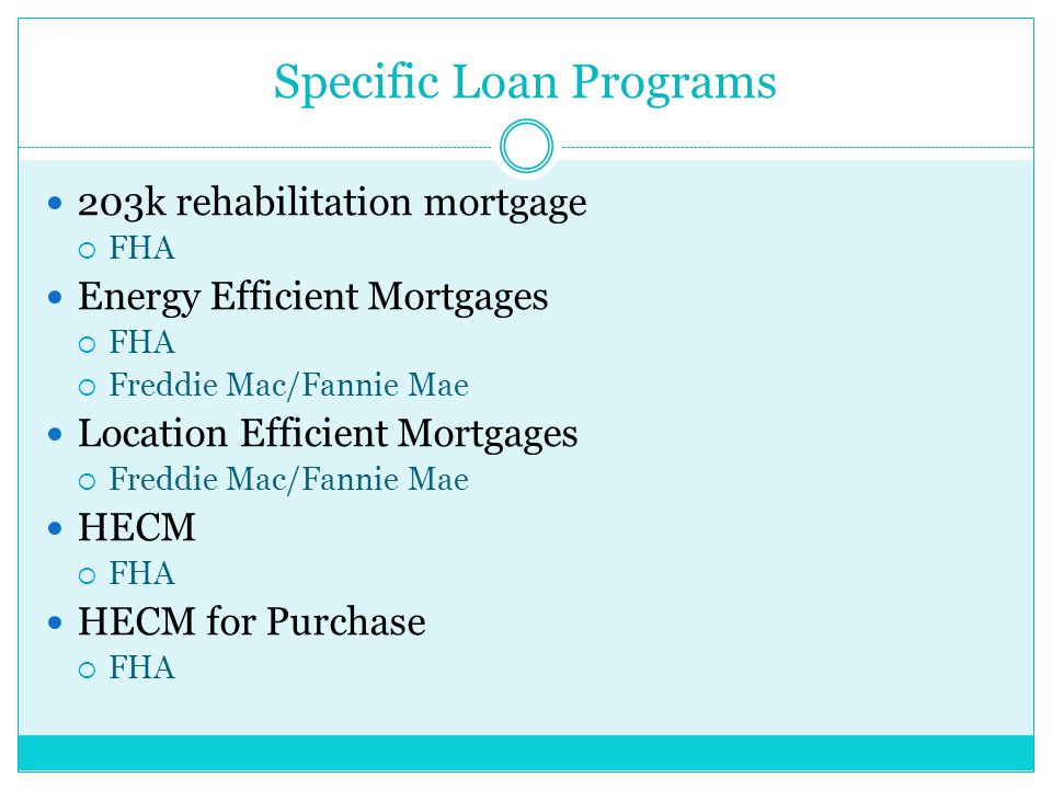 Specific Loan Programs 203k rehabilitation mortgage  FHA Energy Efficient Mortgages  FHA  Freddie Mac/Fannie Mae Location Efficient Mortgages  Freddie Mac/Fannie Mae HECM  FHA HECM for Purchase  FHA