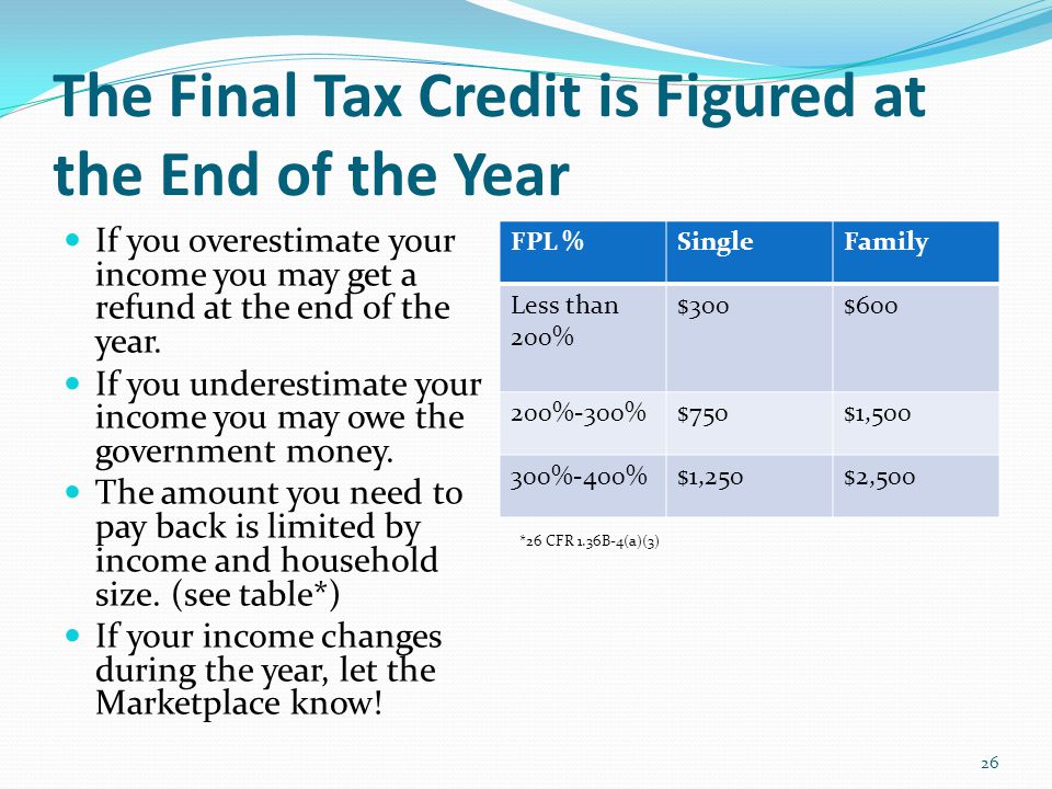 The Final Tax Credit is Figured at the End of the Year If you overestimate your income you may get a refund at the end of the year.