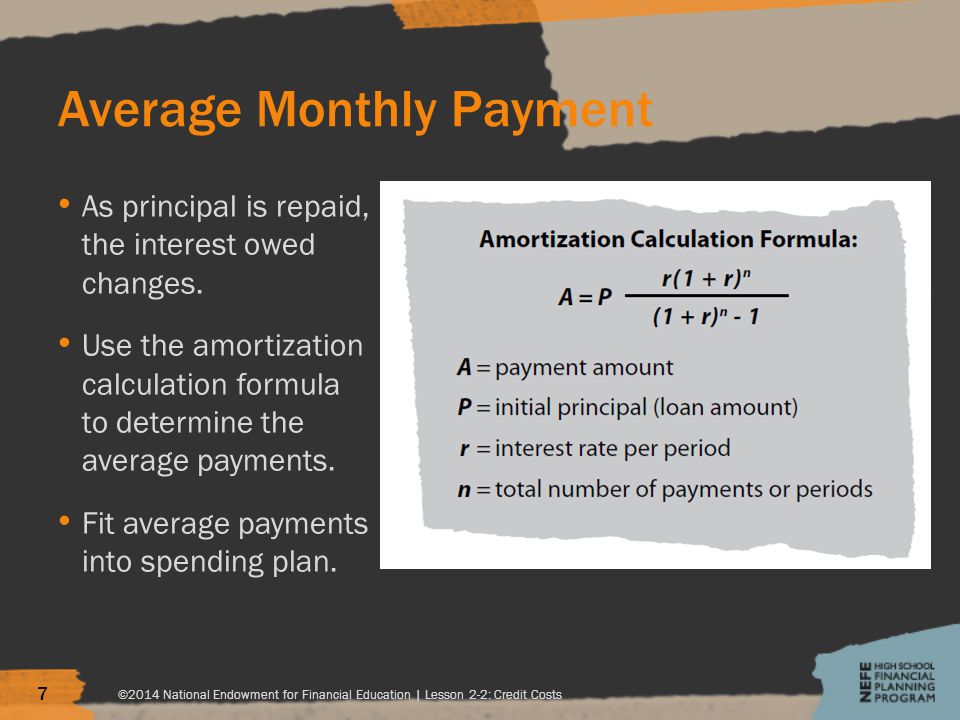 Average Monthly Payment As principal is repaid, the interest owed changes.