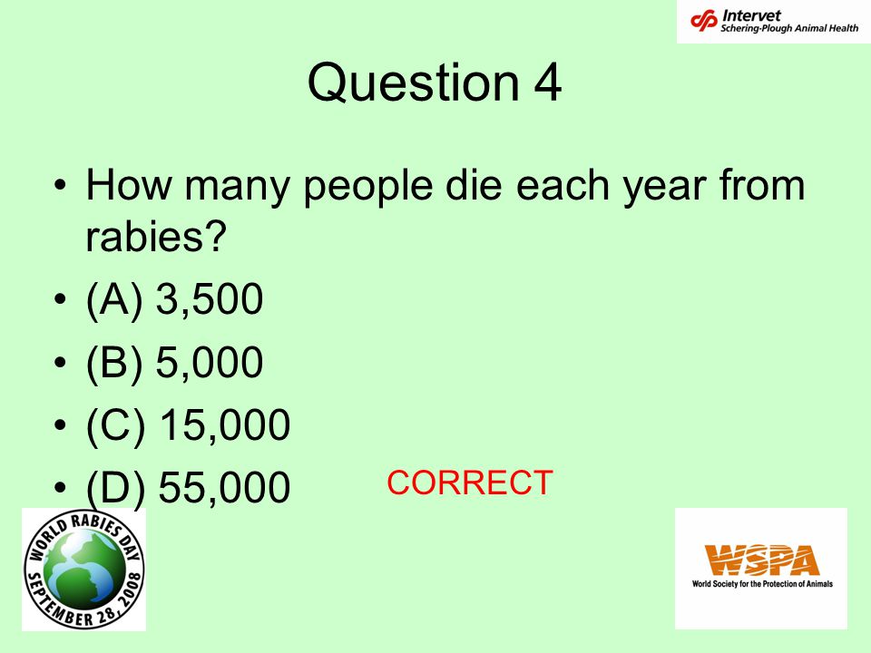 Question 4 How many people die each year from rabies.
