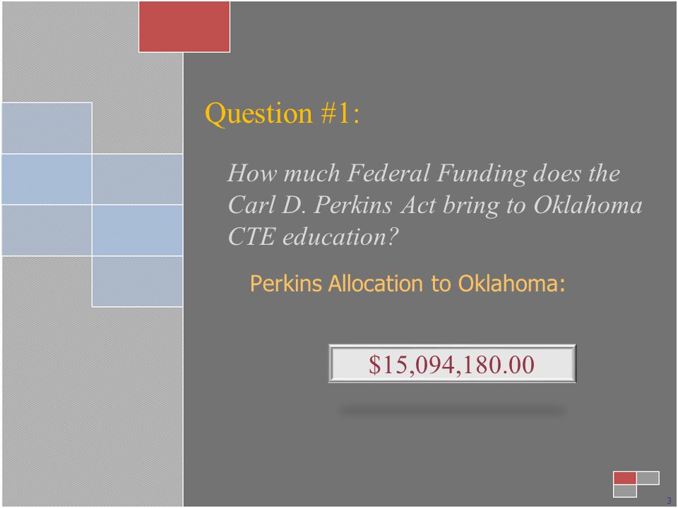 Perkins Allocation to Oklahoma: 3 $15,094, How much Federal Funding does the Carl D.