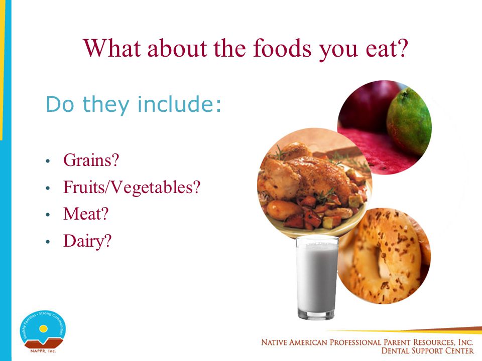 What about the foods you eat Do they include: Grains Fruits/Vegetables Meat Dairy