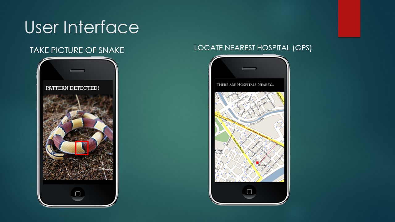User Interface TAKE PICTURE OF SNAKE LOCATE NEAREST HOSPITAL (GPS)