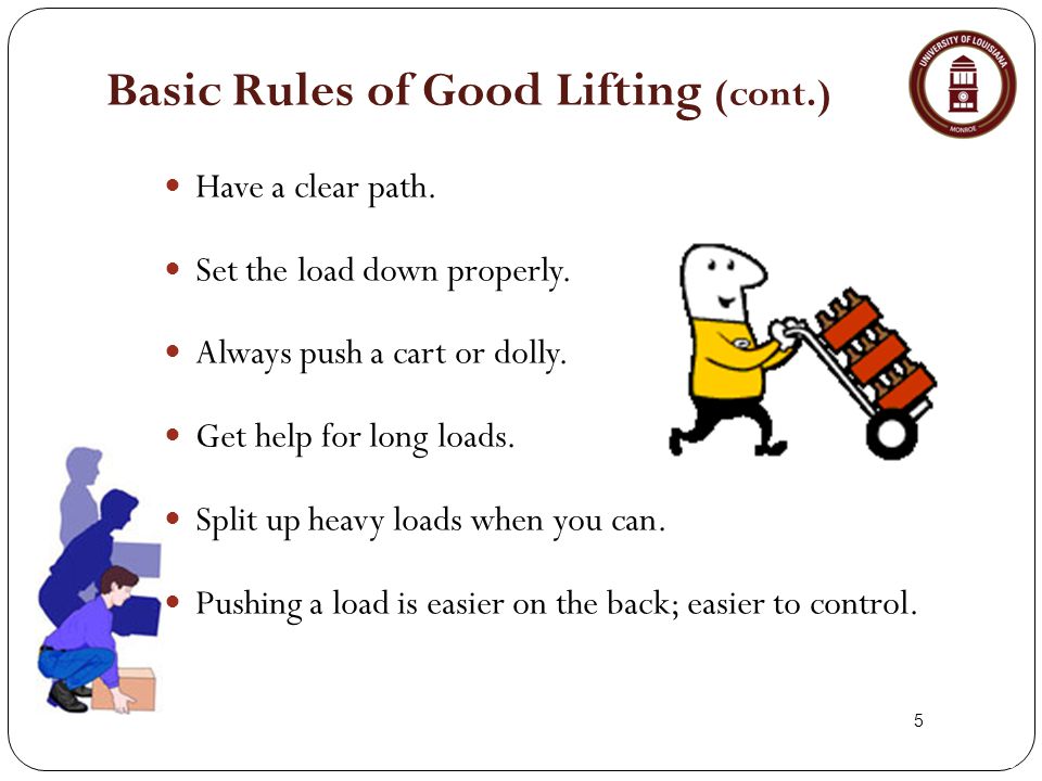 5 Basic Rules of Good Lifting (cont.) Have a clear path.