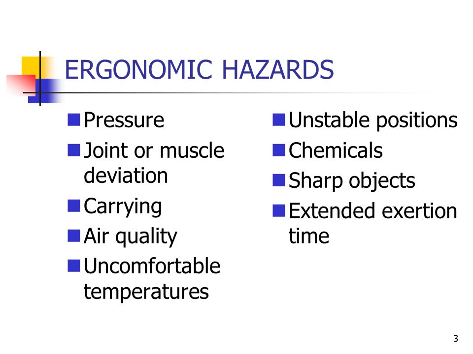 3 ERGONOMIC HAZARDS Pressure Joint or muscle deviation Carrying Air quality Uncomfortable temperatures Unstable positions Chemicals Sharp objects Extended exertion time