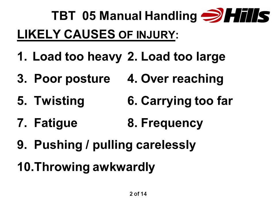 TBT 05 Manual Handling LIKELY CAUSES OF INJURY: 1.Load too heavy2.