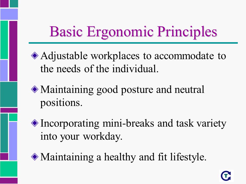 Basic Ergonomic Principles Adjustable workplaces to accommodate to the needs of the individual.