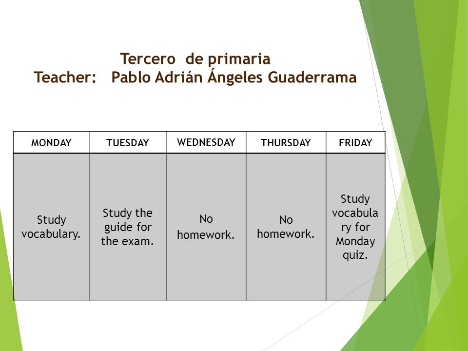 Tercero de primaria Teacher: Pablo Adrián Ángeles Guaderrama MONDAYTUESDAY WEDNESDAY THURSDAYFRIDAY Study vocabulary.