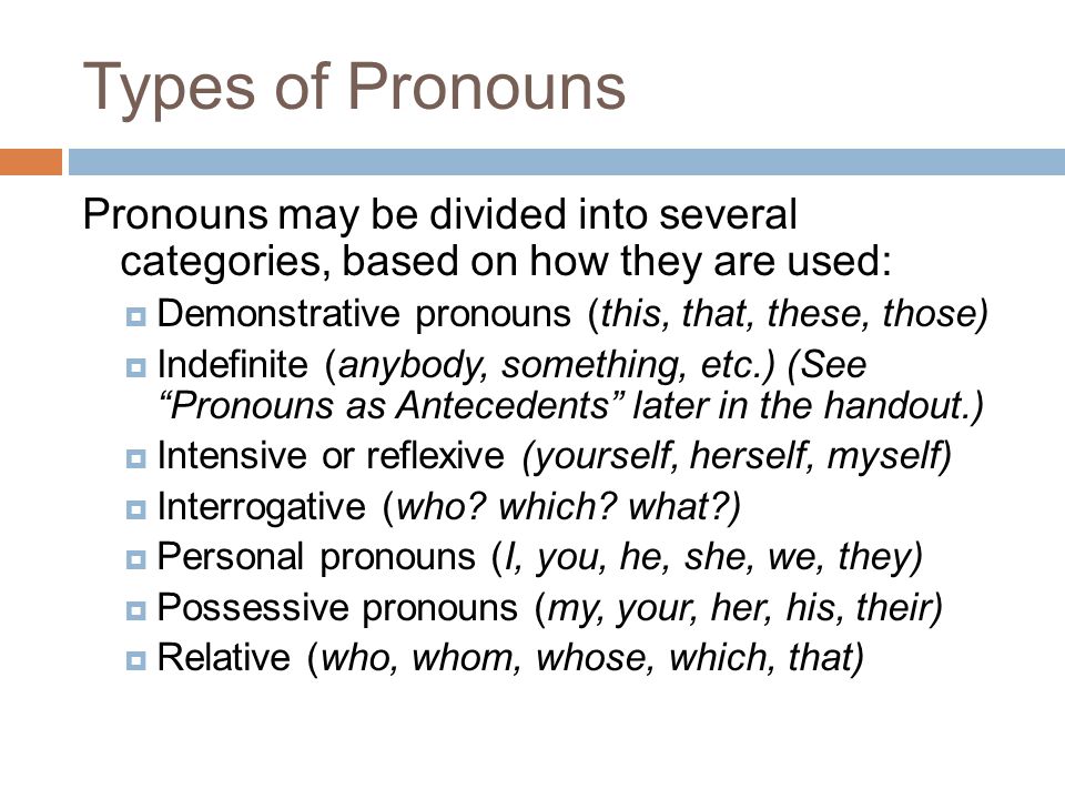 Types of Pronouns Pronouns may be divided into several categories, based on how they are used:  Demonstrative pronouns (this, that, these, those)  Indefinite (anybody, something, etc.) (See Pronouns as Antecedents later in the handout.)  Intensive or reflexive (yourself, herself, myself)  Interrogative (who.