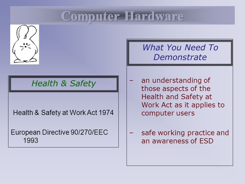 Health & Safety at Work Act 1974 European Directive 90/270/EEC 1993 Health & Safety –an understanding of those aspects of the Health and Safety at Work Act as it applies to computer users –safe working practice and an awareness of ESD What You Need To Demonstrate