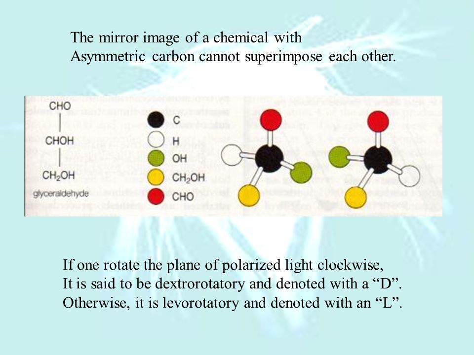 Rotation of the plane of polarized light by a water solution Of chemical with asymmetric carbon.