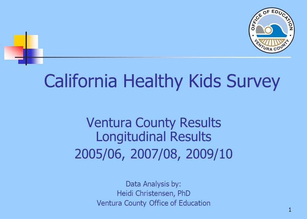 1 California Healthy Kids Survey Ventura County Results Longitudinal Results 2005/06, 2007/08, 2009/10 Data Analysis by: Heidi Christensen, PhD Ventura County Office of Education