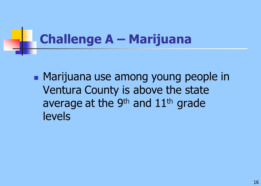 16 Challenge A – Marijuana Marijuana use among young people in Ventura County is above the state average at the 9 th and 11 th grade levels