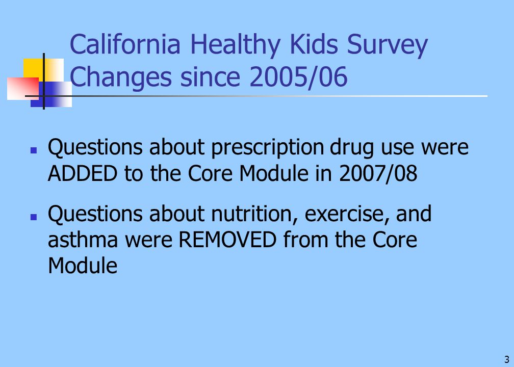 3 California Healthy Kids Survey Changes since 2005/06 Questions about prescription drug use were ADDED to the Core Module in 2007/08 Questions about nutrition, exercise, and asthma were REMOVED from the Core Module