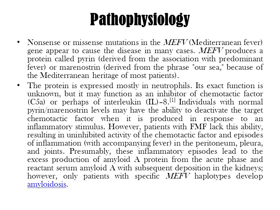 Pathophysiology Nonsense or missense mutations in the MEFV (Mediterranean fever) gene appear to cause the disease in many cases.