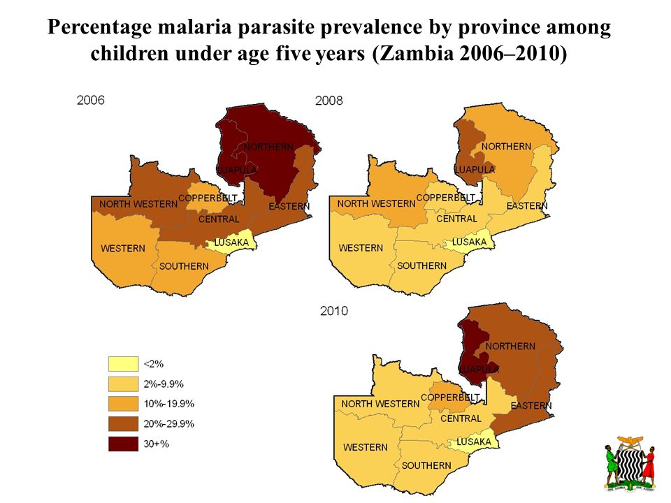 Percentage malaria parasite prevalence by province among children under age five years (Zambia 2006–2010)