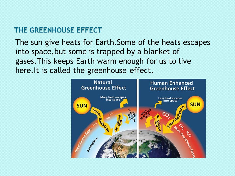 THE GREENHOUSE EFFECT The sun give heats for Earth.Some of the heats escapes into space,but some is trapped by a blanket of gases.This keeps Earth warm enough for us to live here.It is called the greenhouse effect.