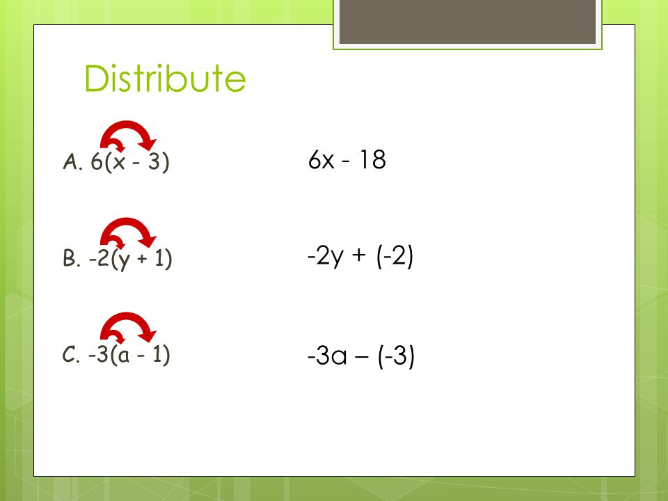 Distribute A. 6(x - 3) B. -2(y + 1) C. -3(a - 1) 6x y + (-2) -3a – (-3)