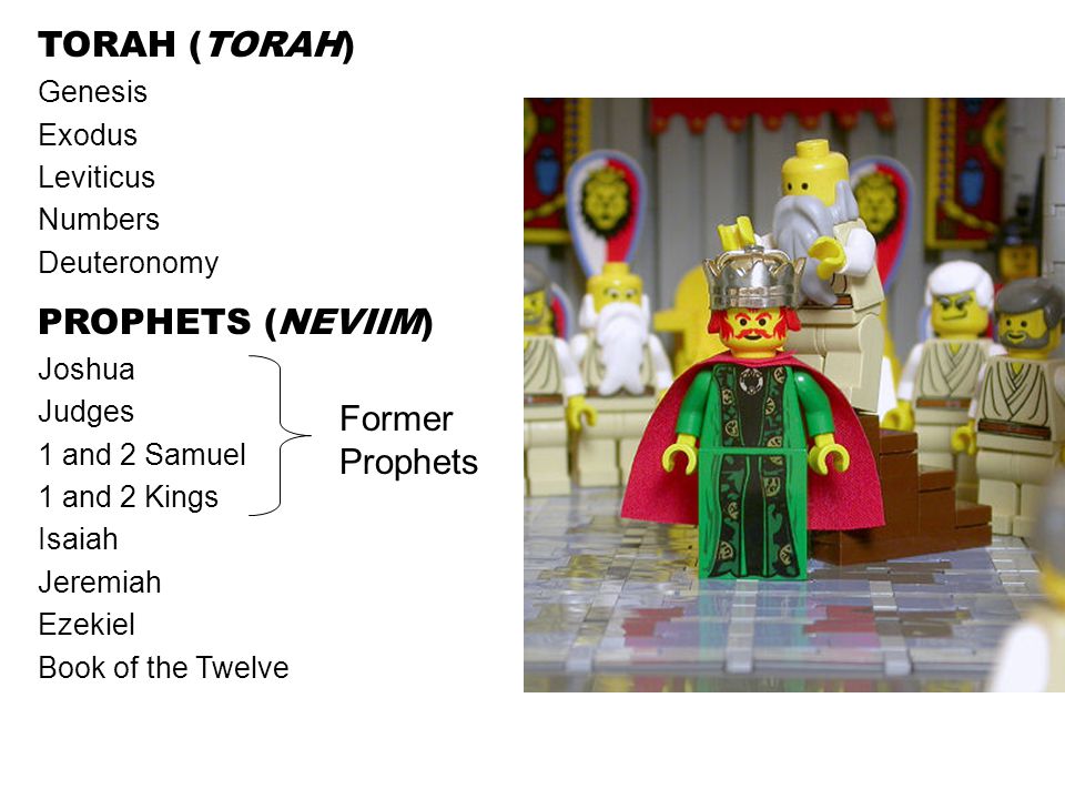 TORAH (TORAH) Genesis Exodus Leviticus Numbers Deuteronomy PROPHETS (NEVIIM) Joshua Judges 1 and 2 Samuel 1 and 2 Kings Isaiah Jeremiah Ezekiel Book of the Twelve Former Prophets