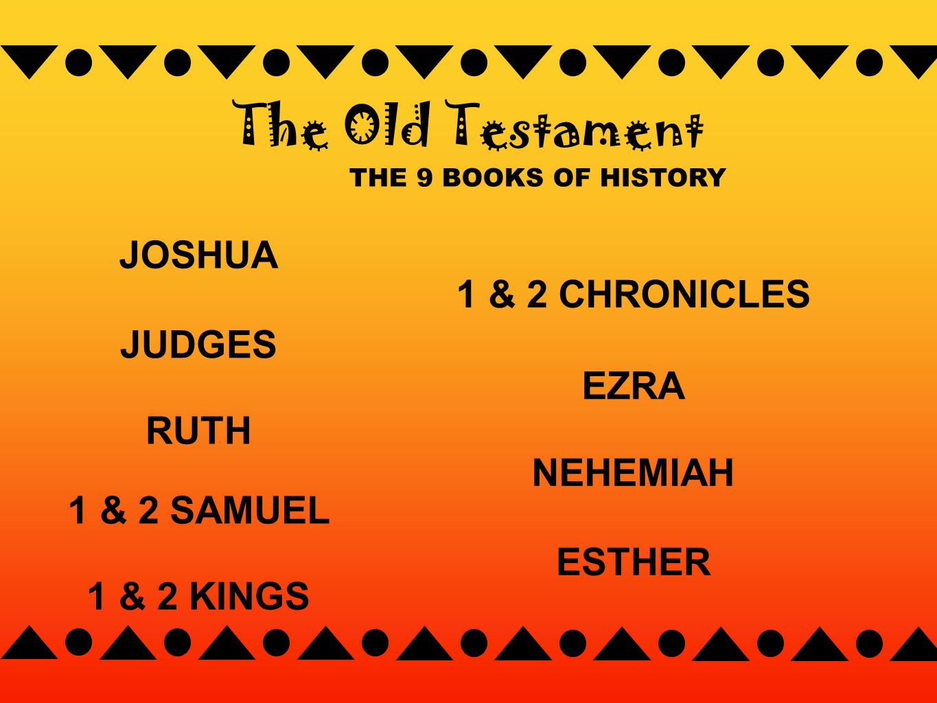 THE 9 BOOKS OF HISTORY The Old Testament JOSHUA JUDGES RUTH 1 & 2 SAMUEL 1 & 2 KINGS 1 & 2 CHRONICLES EZRA NEHEMIAH ESTHER