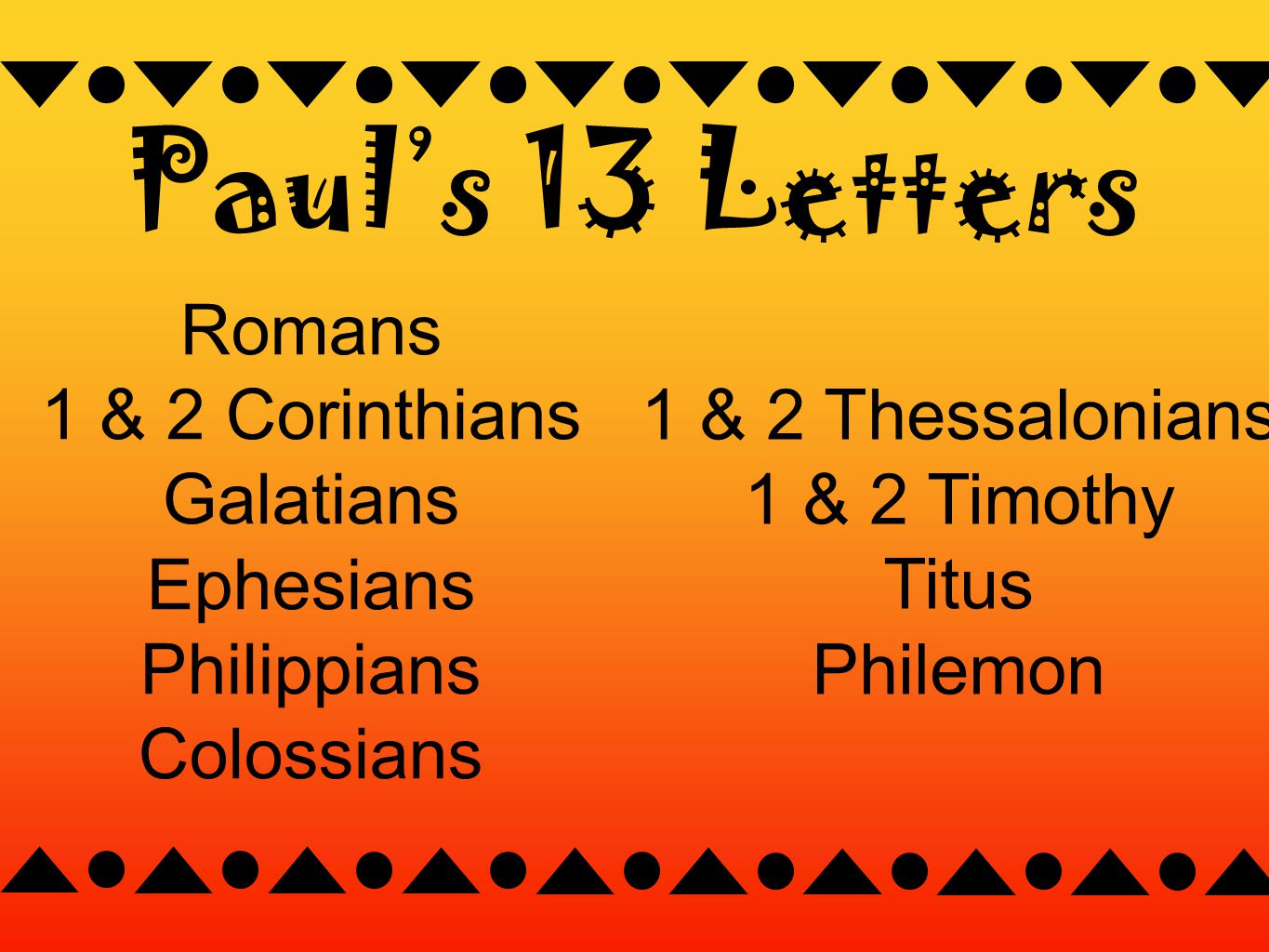 Romans 1 & 2 Corinthians Galatians Ephesians Philippians Colossians Paul’s 13 Letters 1 & 2 Thessalonians 1 & 2 Timothy Titus Philemon
