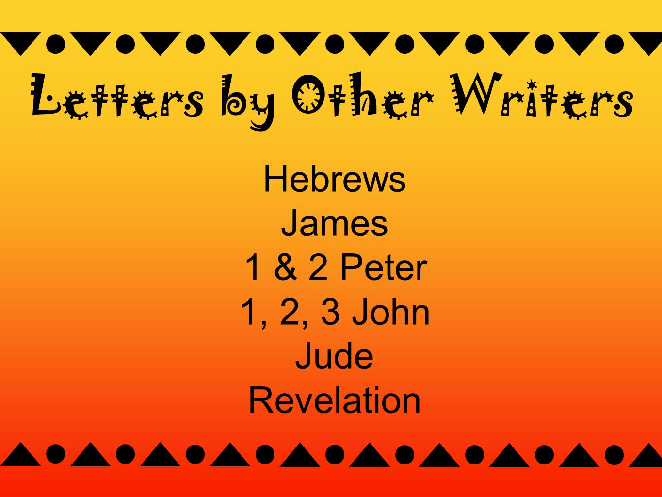 Letters by Other Writers Hebrews James 1 & 2 Peter 1, 2, 3 John Jude Revelation