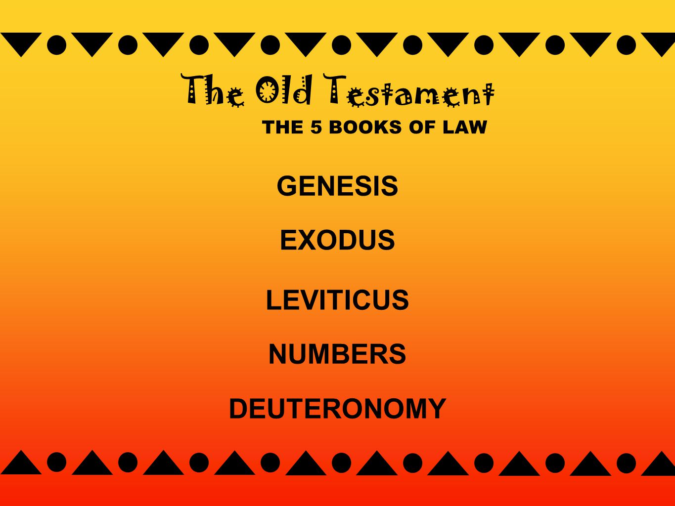 THE 5 BOOKS OF LAW The Old Testament GENESIS EXODUS LEVITICUS NUMBERS DEUTERONOMY