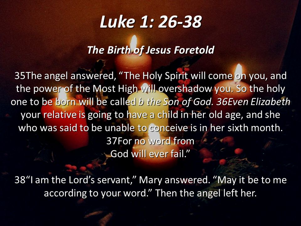 Luke 1: The Birth of Jesus Foretold 35The angel answered, The Holy Spirit will come on you, and the power of the Most High will overshadow you.