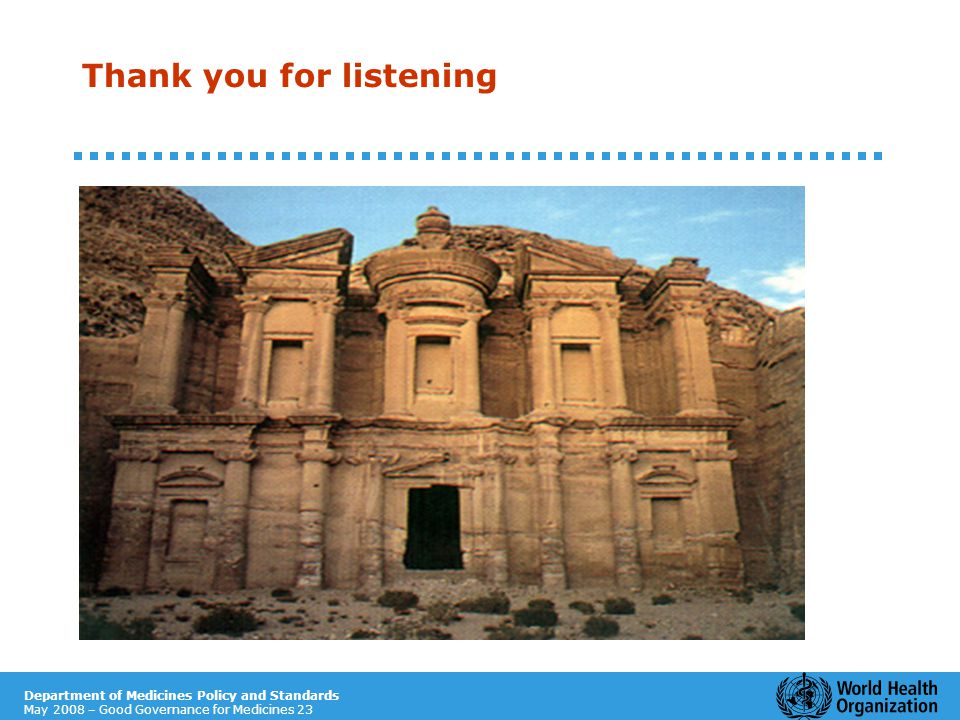 Department of Medicines Policy and Standards May 2008 – Good Governance for Medicines 23 Thank you for listening
