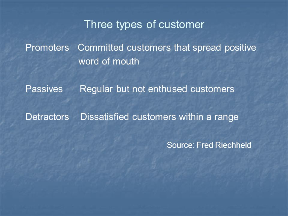 Three types of customer Promoters Committed customers that spread positive word of mouth Passives Regular but not enthused customers Detractors Dissatisfied customers within a range Source: Fred Riechheld