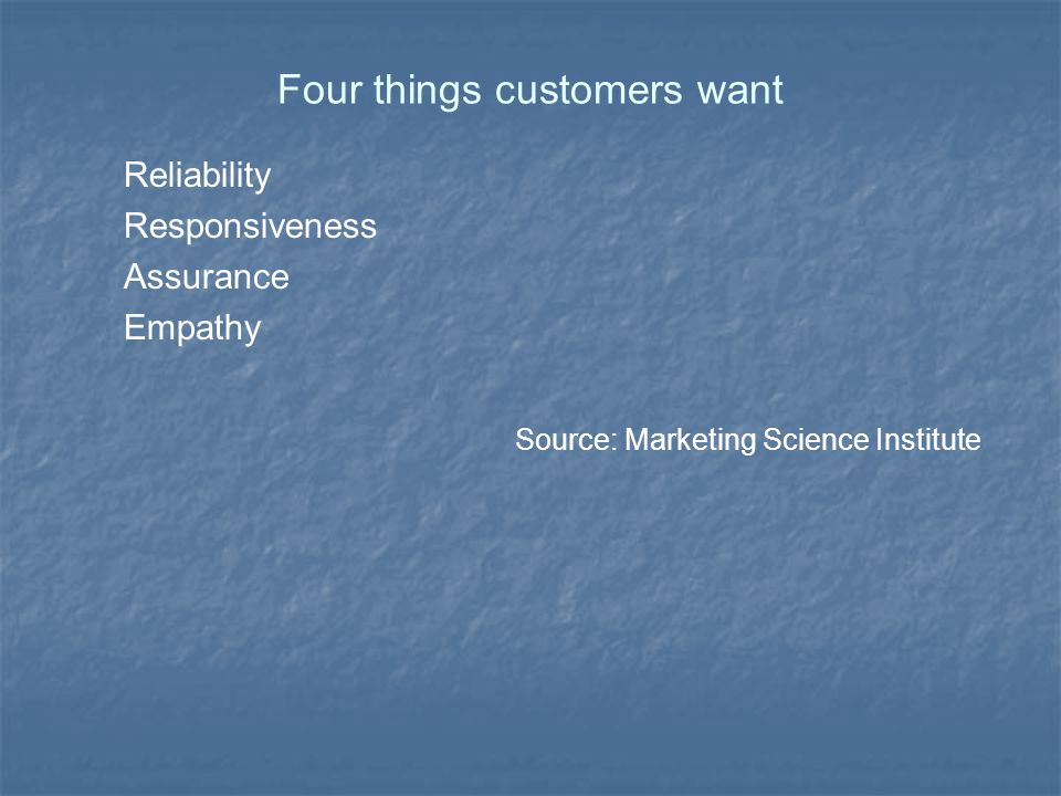 Four things customers want Reliability Responsiveness Assurance Empathy Source: Marketing Science Institute
