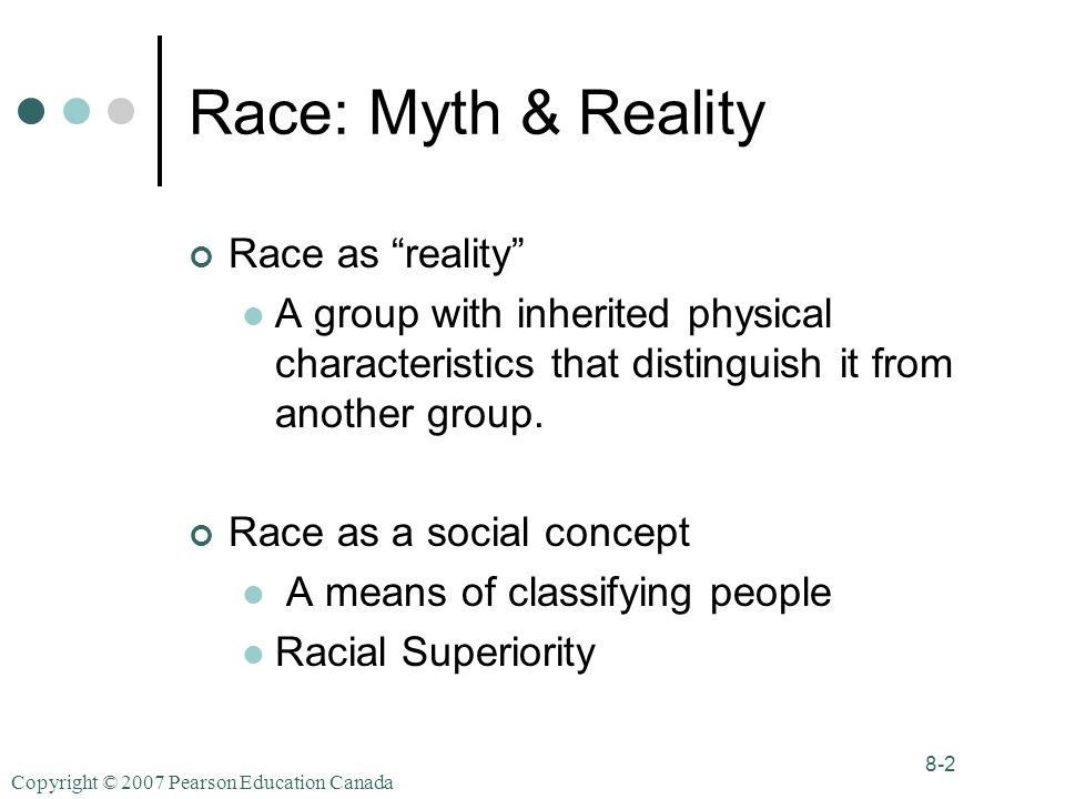 Copyright © 2007 Pearson Education Canada 8-2 Race: Myth & Reality Race as reality A group with inherited physical characteristics that distinguish it from another group.