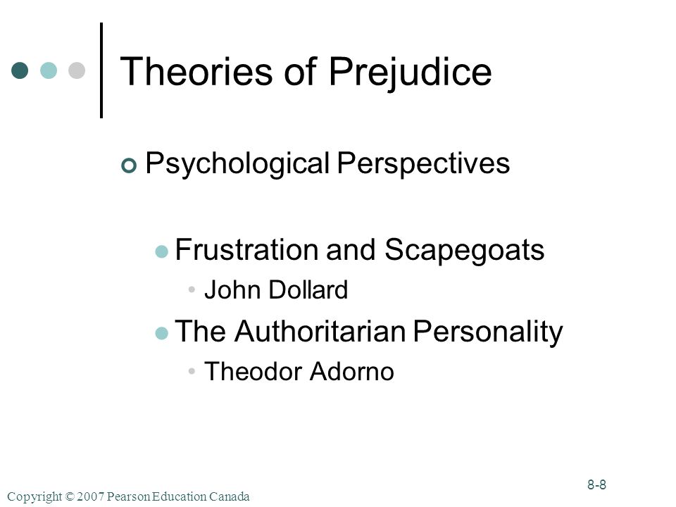 Copyright © 2007 Pearson Education Canada 8-8 Theories of Prejudice Psychological Perspectives Frustration and Scapegoats John Dollard The Authoritarian Personality Theodor Adorno