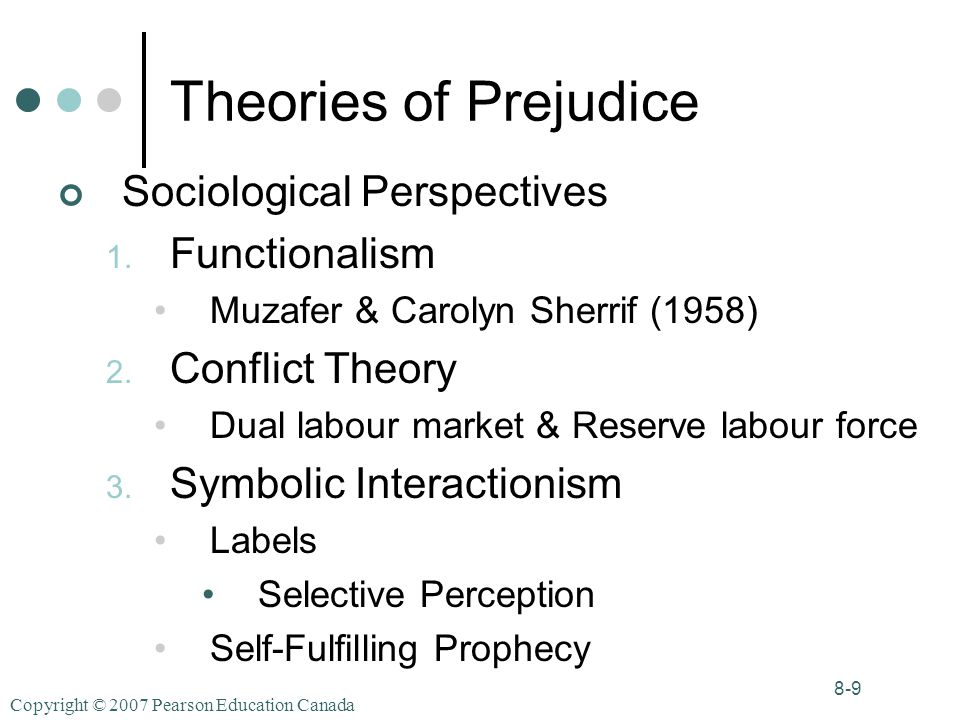 Copyright © 2007 Pearson Education Canada 8-9 Theories of Prejudice Sociological Perspectives 1.