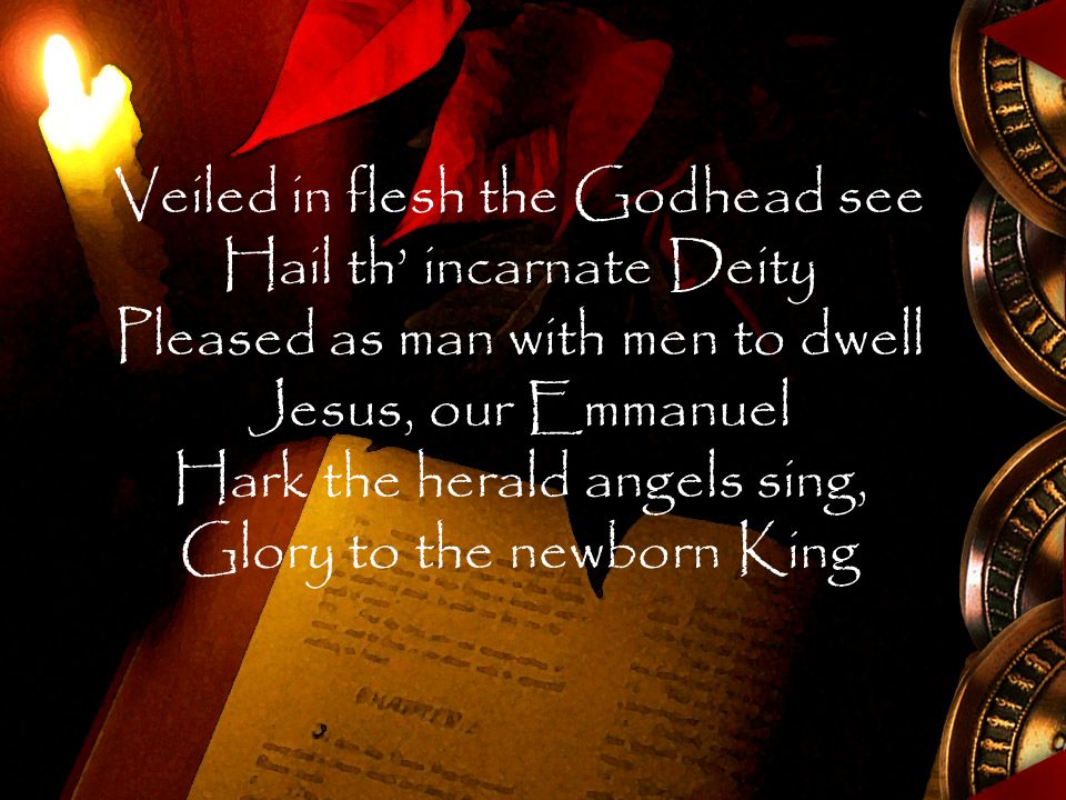 Veiled in flesh the Godhead see Hail th’ incarnate Deity Pleased as man with men to dwell Jesus, our Emmanuel Hark the herald angels sing, Glory to the newborn King