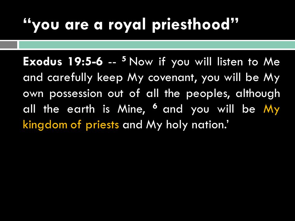 you are a royal priesthood Exodus 19: Now if you will listen to Me and carefully keep My covenant, you will be My own possession out of all the peoples, although all the earth is Mine, 6 and you will be My kingdom of priests and My holy nation.’