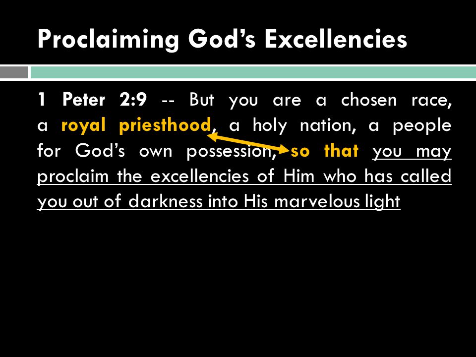 Proclaiming God’s Excellencies 1 Peter 2:9 -- But you are a chosen race, a royal priesthood, a holy nation, a people for God’s own possession, so that you may proclaim the excellencies of Him who has called you out of darkness into His marvelous light