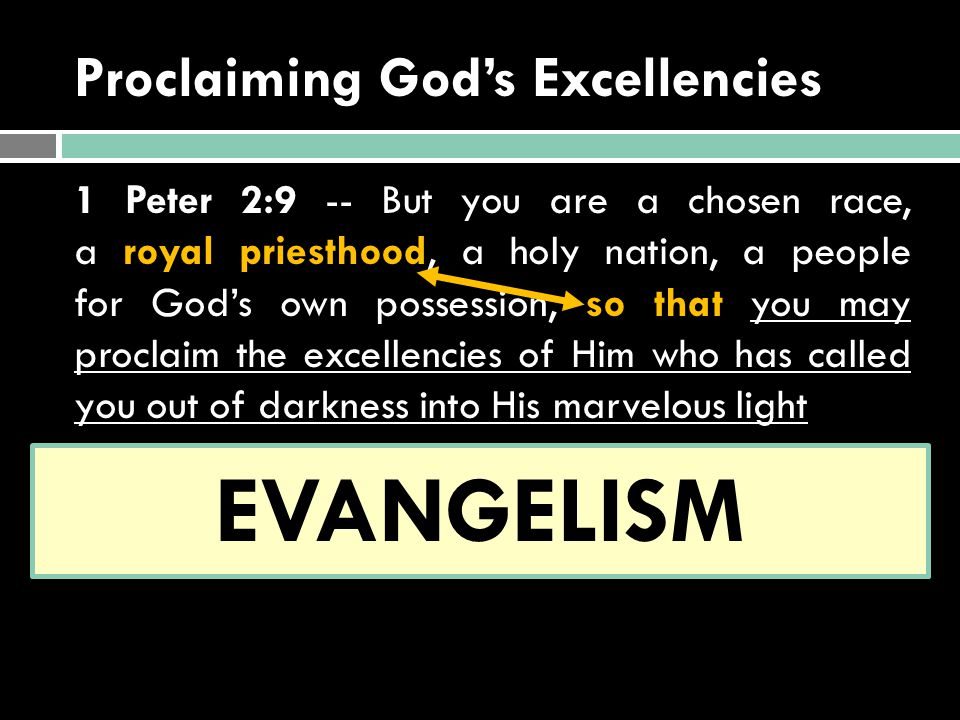 Proclaiming God’s Excellencies 1 Peter 2:9 -- But you are a chosen race, a royal priesthood, a holy nation, a people for God’s own possession, so that you may proclaim the excellencies of Him who has called you out of darkness into His marvelous light EVANGELISM