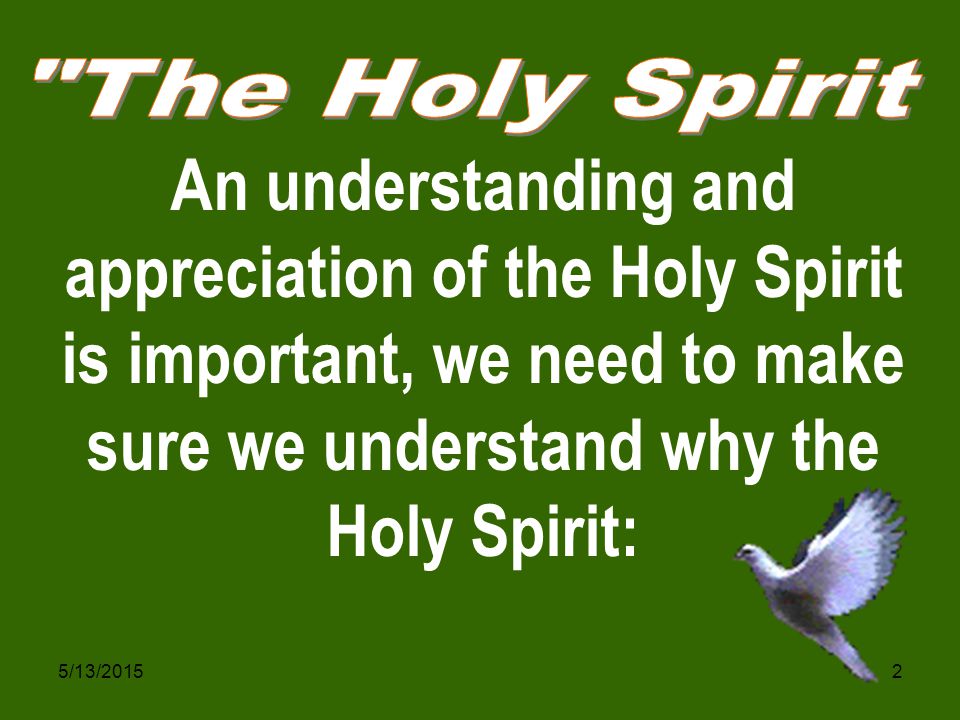 2 An understanding and appreciation of the Holy Spirit is important, we need to make sure we understand why the Holy Spirit: