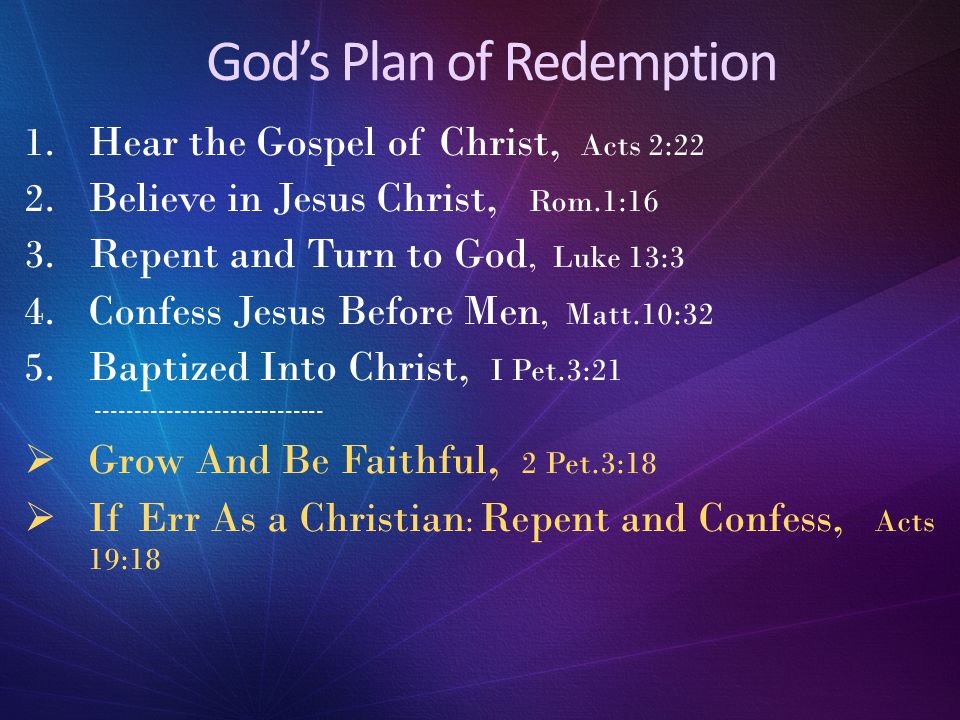 God’s Plan of Redemption 1. Hear the Gospel of Christ, Acts 2:22 2.