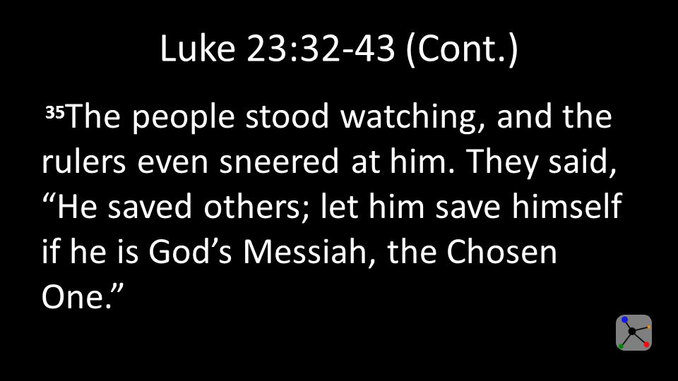 Luke 23:32-43 (Cont.) 35 The people stood watching, and the rulers even sneered at him.