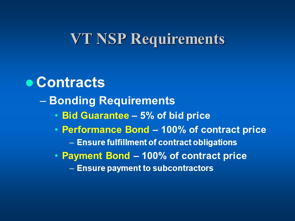 VT NSP Requirements Contracts –Bonding Requirements Bid Guarantee – 5% of bid price Performance Bond – 100% of contract price –Ensure fulfillment of contract obligations Payment Bond – 100% of contract price –Ensure payment to subcontractors