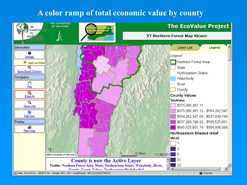 A color ramp of total economic value by county