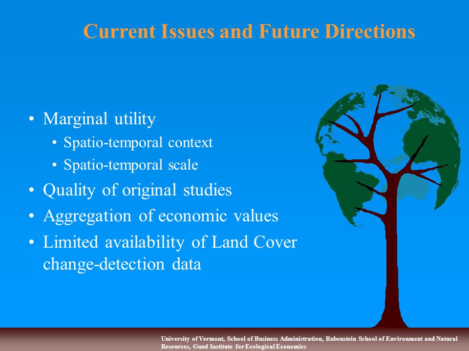 University of Vermont, School of Business Administration, Rubenstein School of Environment and Natural Resources, Gund Institute for Ecological Economics Current Issues and Future Directions Marginal utility Spatio-temporal context Spatio-temporal scale Quality of original studies Aggregation of economic values Limited availability of Land Cover change-detection data