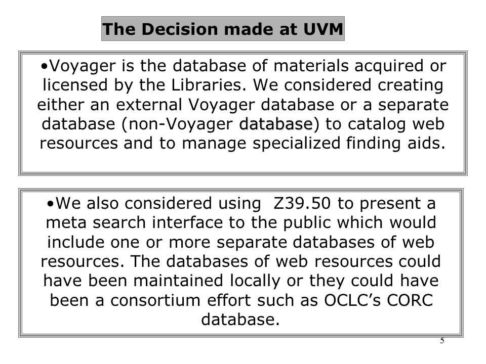5 databaseVoyager is the database of materials acquired or licensed by the Libraries.