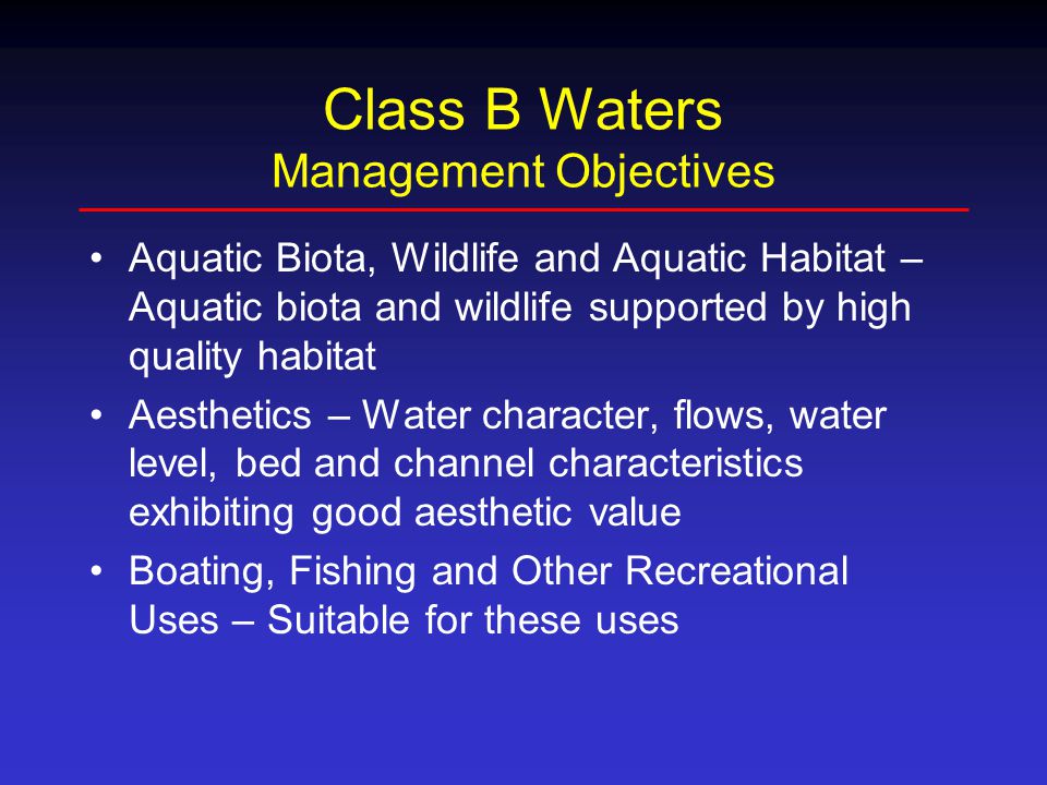 Class B Waters Management Objectives Aquatic Biota, Wildlife and Aquatic Habitat – Aquatic biota and wildlife supported by high quality habitat Aesthetics – Water character, flows, water level, bed and channel characteristics exhibiting good aesthetic value Boating, Fishing and Other Recreational Uses – Suitable for these uses