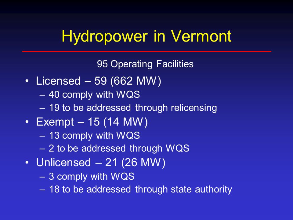 Hydropower in Vermont Licensed – 59 (662 MW) –40 comply with WQS –19 to be addressed through relicensing Exempt – 15 (14 MW) –13 comply with WQS –2 to be addressed through WQS Unlicensed – 21 (26 MW) –3 comply with WQS –18 to be addressed through state authority 95 Operating Facilities