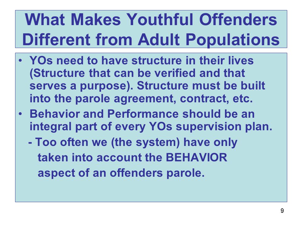 9 What Makes Youthful Offenders Different from Adult Populations YOs need to have structure in their lives (Structure that can be verified and that serves a purpose).