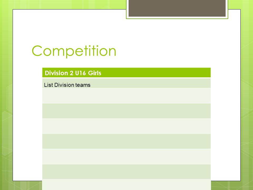Competition Division 2 U16 Girls List Division teams